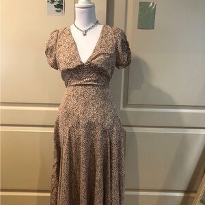 Floral V-Neck Midi Dress in Beige